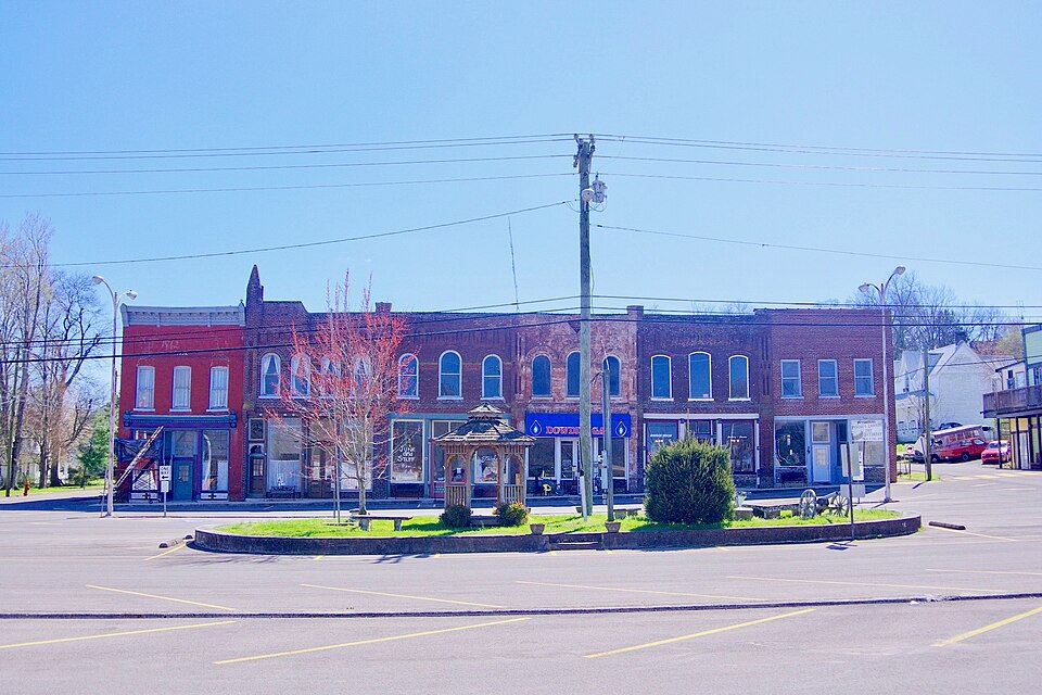 Old brick storefronts along the town square in Petersburg, Tennessee