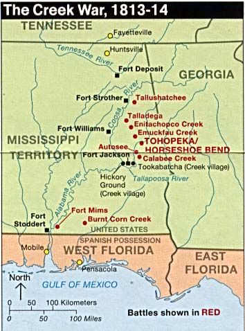 Map of the 1813–14 Creek War showing Fayetteville, Tennessee at the top and forts and battles to the south in Alabama