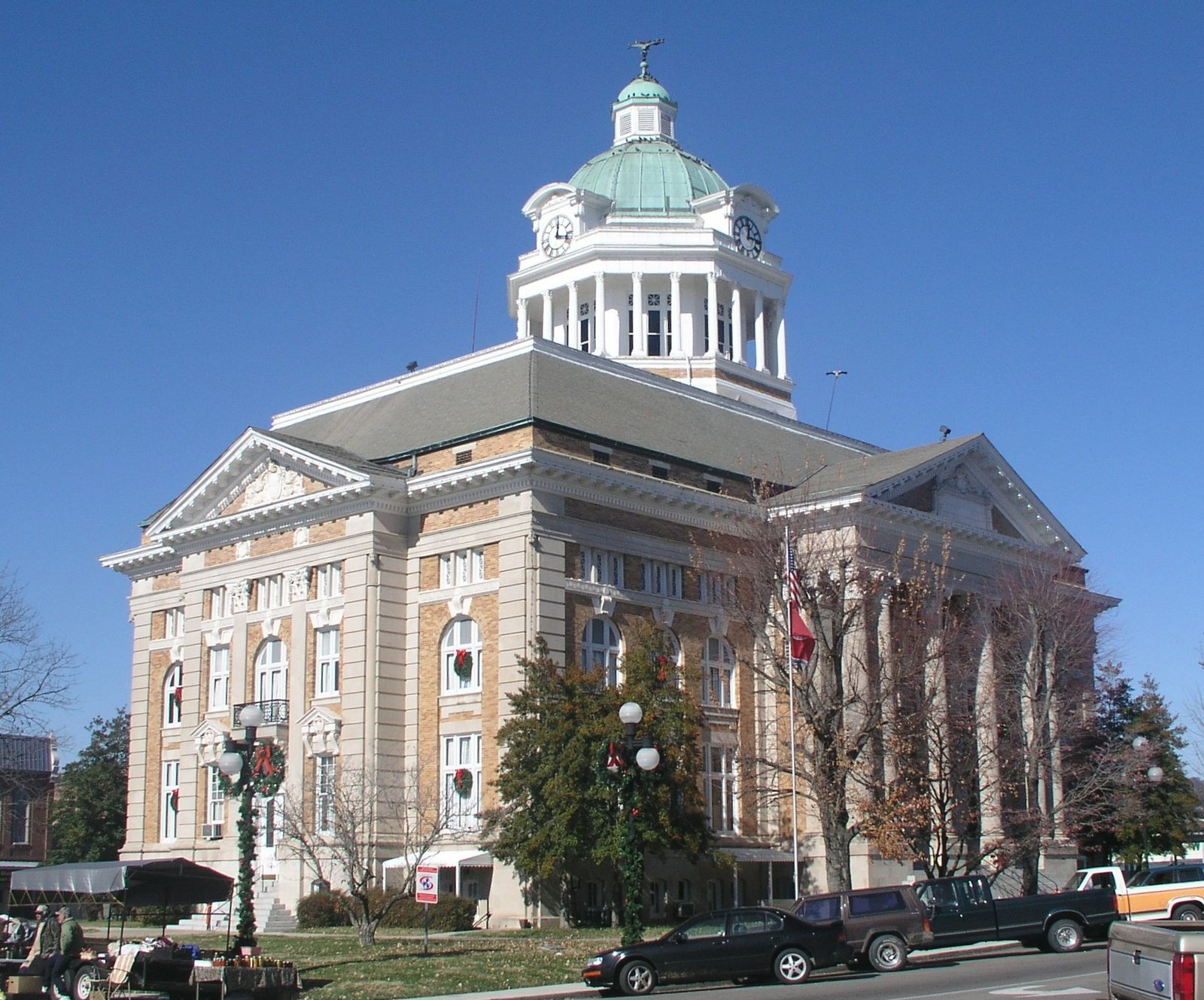 The domed neoclassical Giles County Courthouse with columns and a clock tower