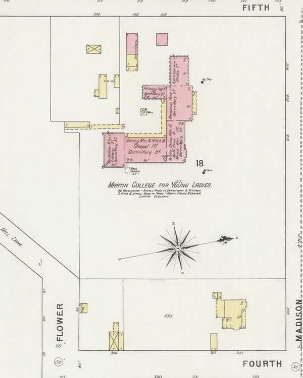 Detail of a colored 1895 fire insurance map showing the Martin College buildings