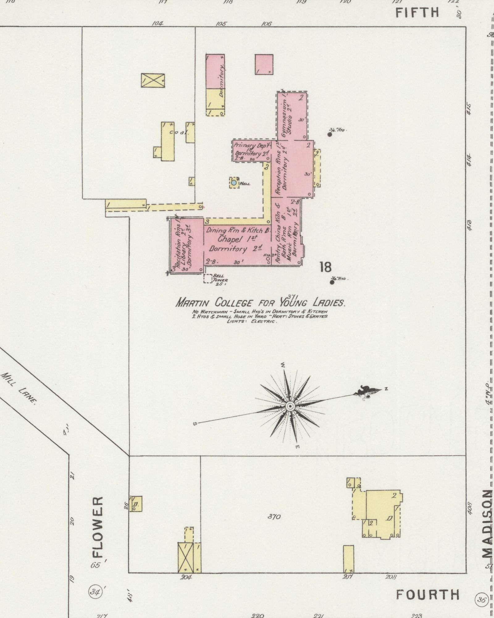 Detail of a colored 1895 fire insurance map showing the Martin College buildings