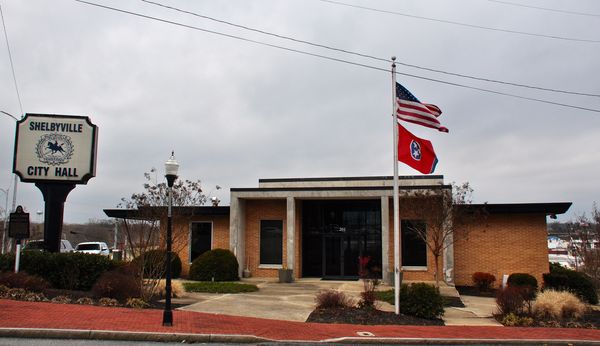 A low tan brick City Hall with a flagpole and sign