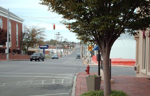 A downtown street of older brick buildings in Shelbyville