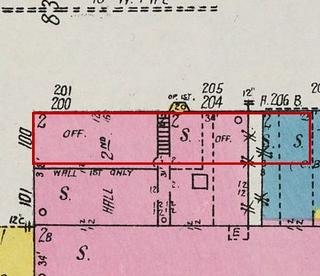 September 1926 Sanborn fire insurance map detail with the lot at today&rsquo;s 100 Elk Ave. S. (storefront 2 of 2) outlined in red; the map labels it: office