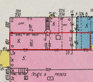 September 1926 Sanborn fire insurance map detail with the lot at today&rsquo;s 100 Elk Ave. S. (storefront 1 of 2) outlined in red; the map labels it: store