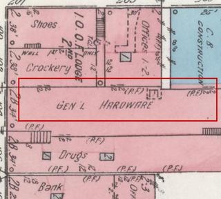April 1914 Sanborn fire insurance map detail with the lot at today&rsquo;s 104 Elk Ave. S. outlined in red; the map labels it: general hardware