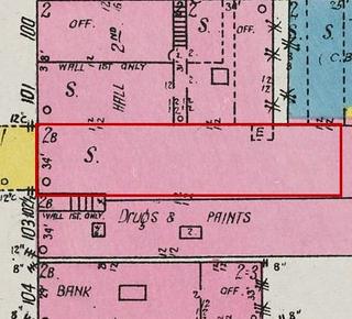 September 1926 Sanborn fire insurance map detail with the lot at today&rsquo;s 104 Elk Ave. S. outlined in red; the map labels it: store