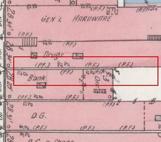 April 1914 Sanborn fire insurance map detail with the lot at today&rsquo;s 106 Elk Ave. S. (storefront 1 of 2) outlined in red; the map labels it: bank