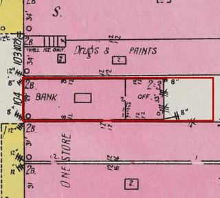 September 1926 Sanborn fire insurance map detail with the lot at today&rsquo;s 106 Elk Ave. S. (storefront 1 of 2) outlined in red; the map labels it: bank