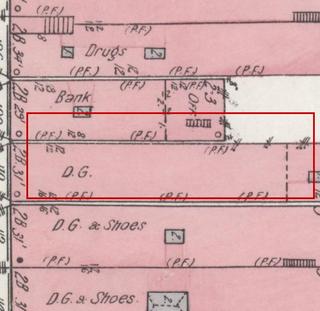 April 1914 Sanborn fire insurance map detail with the lot at today&rsquo;s 110 Elk Ave. S. (storefront 5 of 5) outlined in red; the map labels it: dry goods