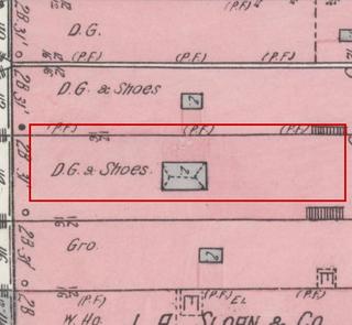 April 1914 Sanborn fire insurance map detail with the lot at today&rsquo;s 110 Elk Ave. S. (storefront 3 of 5) outlined in red; the map labels it: dry goods and shoes