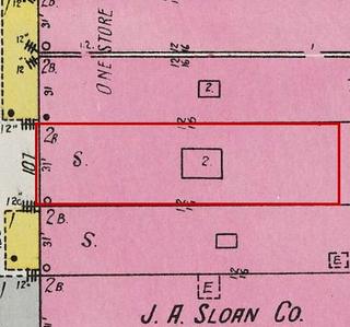 September 1926 Sanborn fire insurance map detail with the lot at today&rsquo;s 110 Elk Ave. S. (storefront 3 of 5) outlined in red; the map labels it: store