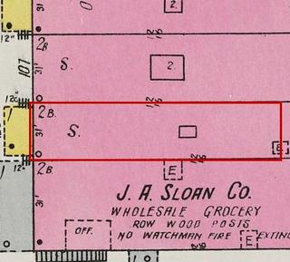 September 1926 Sanborn fire insurance map detail with the lot at today&rsquo;s 110 Elk Ave. S. (storefront 2 of 5) outlined in red; the map labels it: store
