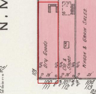 April 1914 Sanborn fire insurance map detail with the lot at today&rsquo;s 100 College St. E. outlined in red; the map labels it: dry goods