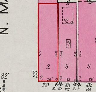 September 1926 Sanborn fire insurance map detail with the lot at today&rsquo;s 100 College St. E. outlined in red; the map labels it: store