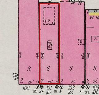 September 1926 Sanborn fire insurance map detail with the lot at today&rsquo;s 102 College St. E. outlined in red; the map labels it: store