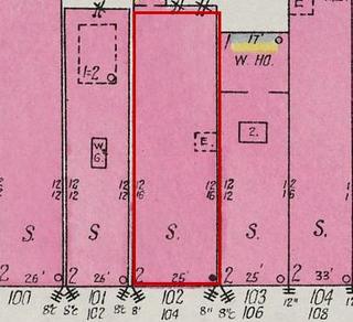 September 1926 Sanborn fire insurance map detail with the lot at today&rsquo;s 104 College St. E. outlined in red; the map labels it: store