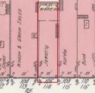 April 1914 Sanborn fire insurance map detail with the lot at today&rsquo;s 108 College St. E. outlined in red; the map labels it: jeweler