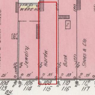 April 1914 Sanborn fire insurance map detail with the lot at today&rsquo;s 112 College St. E. outlined in red; the map labels it: hardware