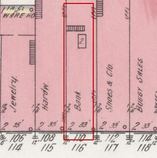 April 1914 Sanborn fire insurance map detail with the lot at today&rsquo;s 114 College St. E. outlined in red; the map labels it: bank