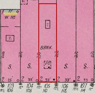 September 1926 Sanborn fire insurance map detail with the lot at today&rsquo;s 114 College St. E. outlined in red; the map labels it: bank