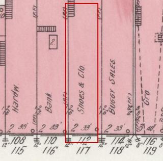 April 1914 Sanborn fire insurance map detail with the lot at today&rsquo;s 116 College St. E. outlined in red; the map labels it: shoes and clothing