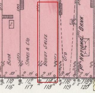 April 1914 Sanborn fire insurance map detail with the lot at today&rsquo;s 120 College St. E. (storefront 2 of 2) outlined in red; the map labels it: buggy sales
