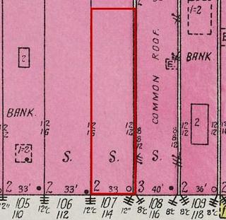 September 1926 Sanborn fire insurance map detail with the lot at today&rsquo;s 120 College St. E. (storefront 2 of 2) outlined in red; the map labels it: store