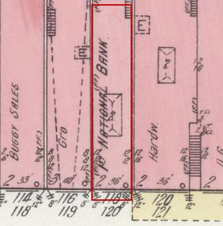 April 1914 Sanborn fire insurance map detail with the lot at today&rsquo;s College St. E., between 120 and 124 outlined in red; the map labels it: first national bank
