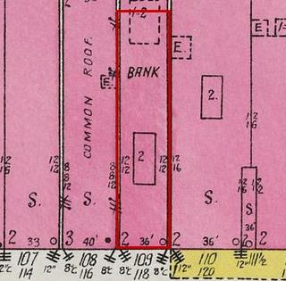 September 1926 Sanborn fire insurance map detail with the lot at today&rsquo;s College St. E., between 120 and 124 outlined in red; the map labels it: bank