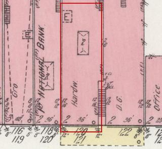 April 1914 Sanborn fire insurance map detail with the lot at today&rsquo;s 124 College St. E. outlined in red; the map labels it: hardware