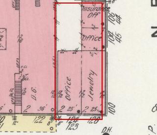 April 1914 Sanborn fire insurance map detail with the lot at today&rsquo;s 134 College St. E. outlined in red; the map labels it: an office and a jeweler