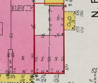 September 1926 Sanborn fire insurance map detail with the lot at today&rsquo;s 134 College St. E. outlined in red; the map labels it: two stores