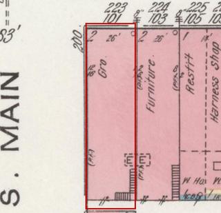 April 1914 Sanborn fire insurance map detail with the lot at today&rsquo;s 101 Market St. E. outlined in red; the map labels it: grocery