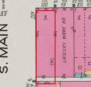 September 1926 Sanborn fire insurance map detail with the lot at today&rsquo;s 101 Market St. E. outlined in red; the map labels it: store