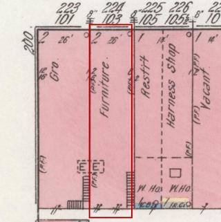 April 1914 Sanborn fire insurance map detail with the lot at today&rsquo;s 103 Market St. E. outlined in red; the map labels it: furniture