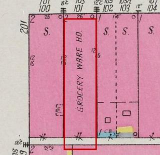 September 1926 Sanborn fire insurance map detail with the lot at today&rsquo;s 103 Market St. E. outlined in red; the map labels it: grocery warehouse