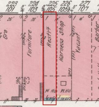 April 1914 Sanborn fire insurance map detail with the lot at today&rsquo;s 105 Market St. E. outlined in red; the map labels it: restaurant