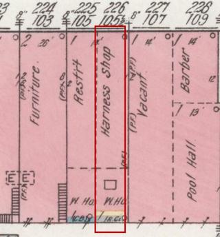 April 1914 Sanborn fire insurance map detail with the lot at today&rsquo;s 107 Market St. E. outlined in red; the map labels it: harness shop