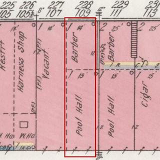 April 1914 Sanborn fire insurance map detail with the lot at today&rsquo;s 111 Market St. E. outlined in red; the map labels it: barber and pool hall