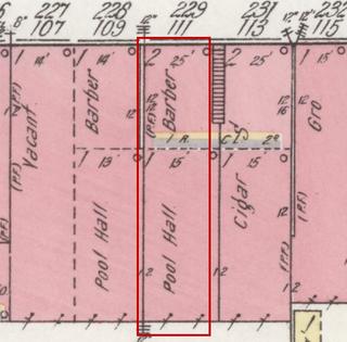 April 1914 Sanborn fire insurance map detail with the lot at today&rsquo;s 113 Market St. E. (storefront 1 of 2) outlined in red; the map labels it: barber and pool hall