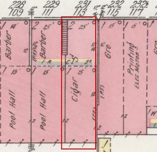 April 1914 Sanborn fire insurance map detail with the lot at today&rsquo;s 113 Market St. E. (storefront 2 of 2) outlined in red; the map labels it: cigar store