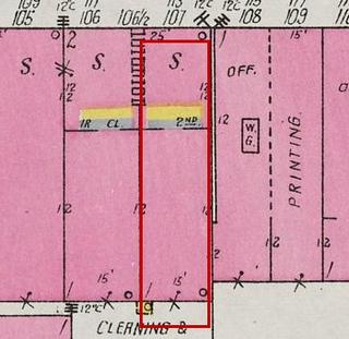 September 1926 Sanborn fire insurance map detail with the lot at today&rsquo;s 113 Market St. E. (storefront 2 of 2) outlined in red; the map labels it: store