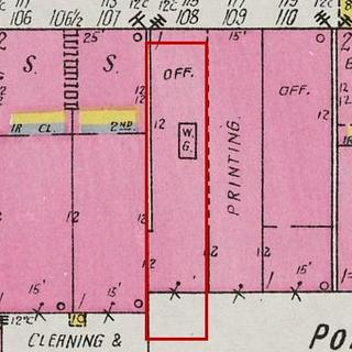 September 1926 Sanborn fire insurance map detail with the lot at today&rsquo;s 119 Market St. E. outlined in red; the map labels it: office