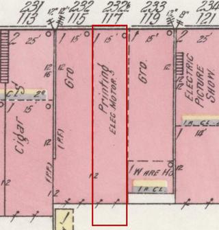 April 1914 Sanborn fire insurance map detail with the lot at today&rsquo;s 121 Market St. E. outlined in red; the map labels it: print shop (with an electric motor)
