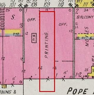 September 1926 Sanborn fire insurance map detail with the lot at today&rsquo;s 121 Market St. E. outlined in red; the map labels it: print shop