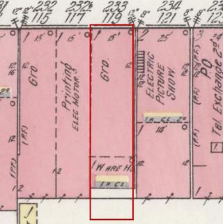 April 1914 Sanborn fire insurance map detail with the lot at today&rsquo;s 123 Market St. E. outlined in red; the map labels it: grocery