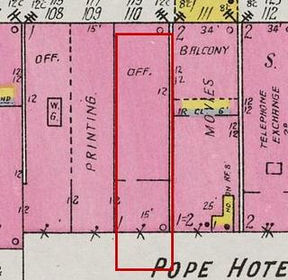 September 1926 Sanborn fire insurance map detail with the lot at today&rsquo;s 123 Market St. E. outlined in red; the map labels it: office