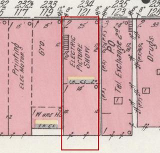 April 1914 Sanborn fire insurance map detail with the lot at today&rsquo;s 125 Market St. E. outlined in red; the map labels it: electric picture show (movies)