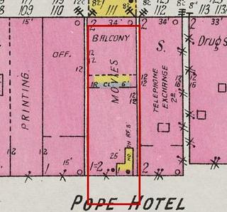 September 1926 Sanborn fire insurance map detail with the lot at today&rsquo;s 125 Market St. E. outlined in red; the map labels it: movies (a picture show)